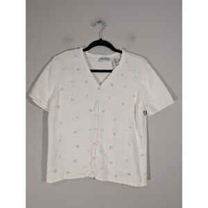 Russ Womens White Floral Knit Button Up Top Sz M Prairie Cottagecore Feminine